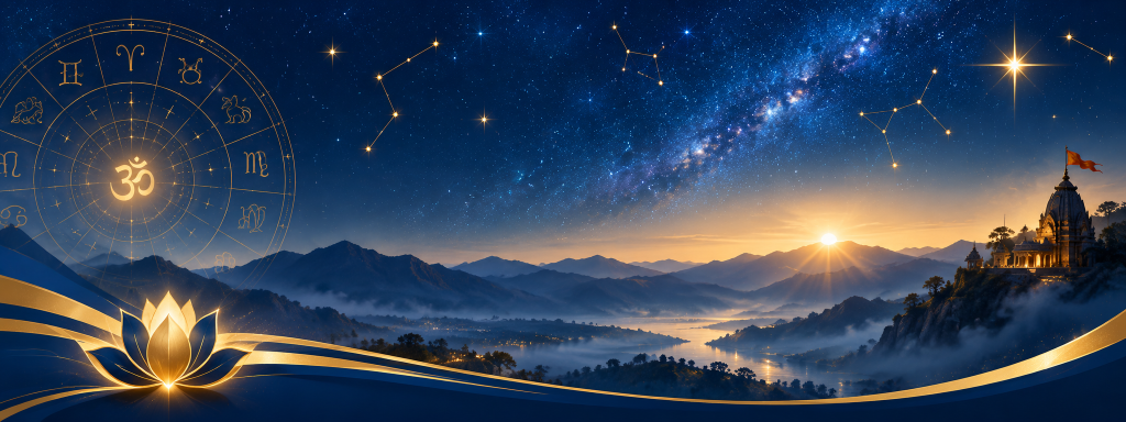 Cosmic celestial sky with constellations, mountains and temple — Shri Ram Jyotish Kendra